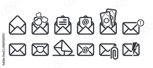 Bundle outline icon set mail, email, envelope, love letter, money mail, and other