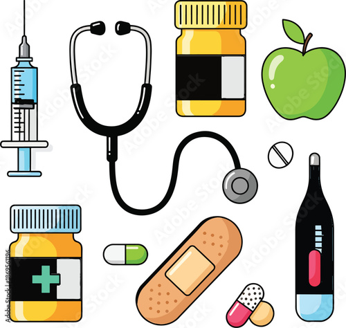 A colorful cartoon illustration of various medical and health-related items
