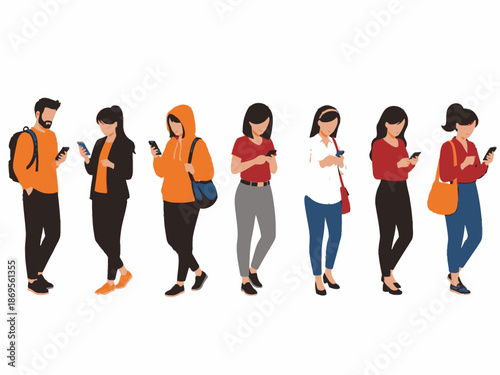 Group of people standing in line looking at their smartphones