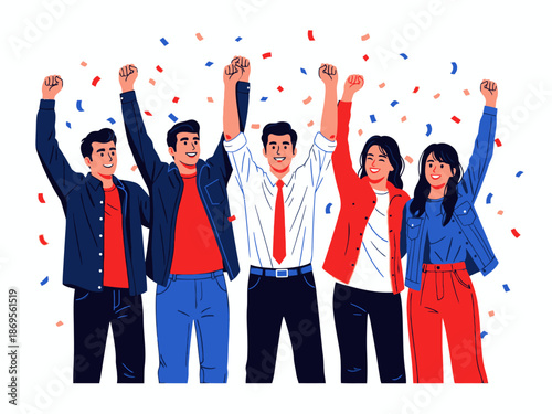 A group of five people celebrating with their arms raised in the air with confetti