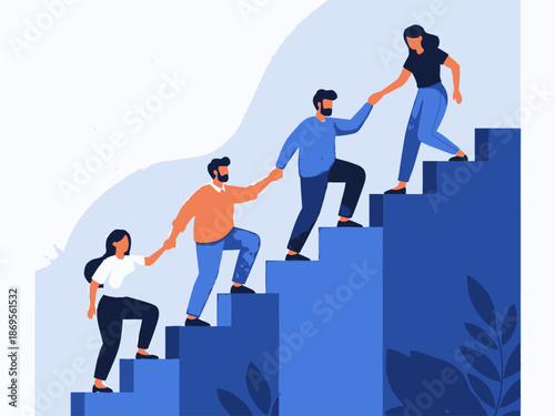 A group of people helping each other climb a staircase