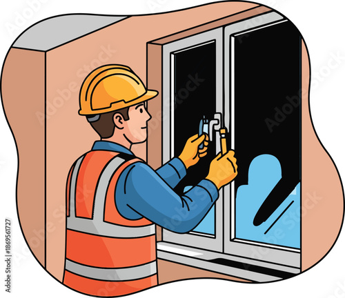 A construction worker installing a window