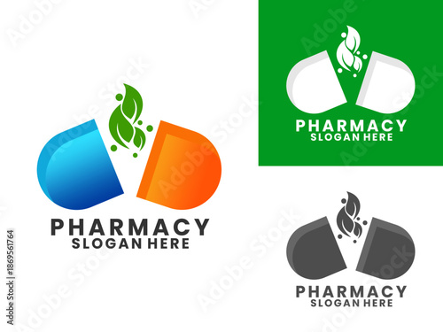 Capsule with leaf modern logo design vector template. Medical pharmacy logo design icon