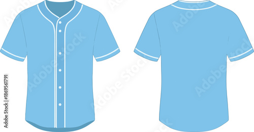 Light blue baseball jersey front and back view, short sleeve button uniform apparel mockup, sport team clothing vector