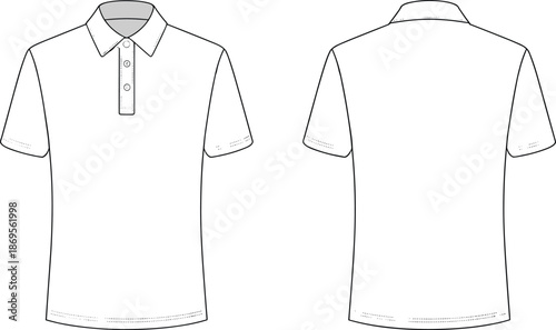 Men polo shirt front and back view, short sleeve collar top apparel mockup, casual clothing fashion line vector