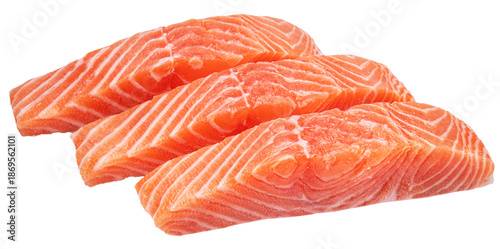 Three salmon slices, fresh salmon fillet isolated.
