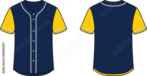 Navy blue baseball jersey with yellow sleeves front and back view, short sleeve button uniform apparel mockup vector