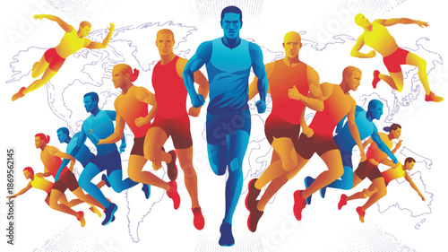 A stylized illustration of multiple athletes in motion against a white background with a faded world map pattern (4)_traced