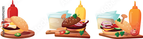 set of burger illustrations, combo sets, sauces, and decor. Delicious, juicy, and filling food. Street food, fast food. Juicy, delicious burgers in a cartoon style.