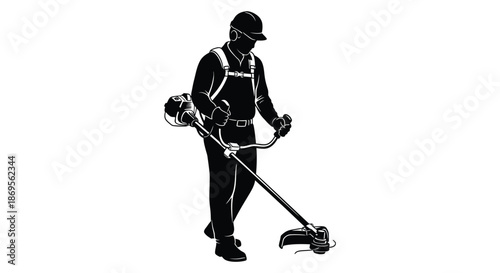 Lawn care worker operating a weed wacker detailed black silhouette