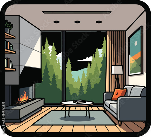 A cozy living room with a fireplace and a view of trees outside