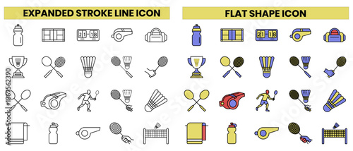 Badminton game vector icon set with editable and expanded shape style. Games and sports icon on racket, tournament, match, athlete, shuttlecock, feather clip art symbols.