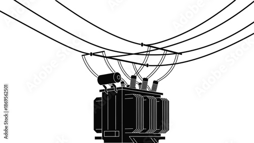Electrical transformer and power lines displayed as a striking silhouette