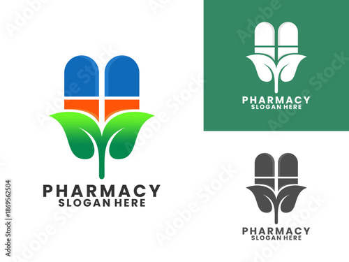 Two capsule pills with herbal plant logo design vector template