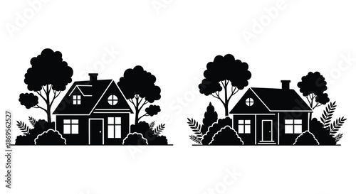 Two charming houses framed by trees displayed in a dark silhouette