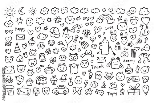 Cute Hand-Drawn Doodle Icons Collection with Positive Words and Kawaii Elements Illustration