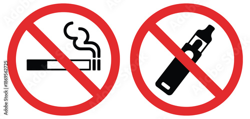 No smoking no vaping prohibition signs vector illustration, scalable eps icon set for smoke-free zones, clean flat design suitable for apps, websites, workplaces and public safety signage.