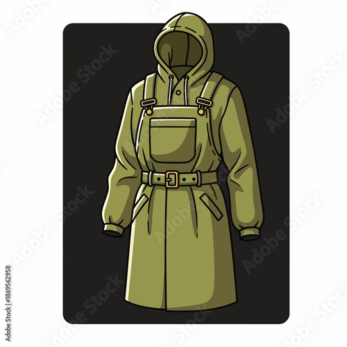 A green hooded jacket with a belt and pockets on black