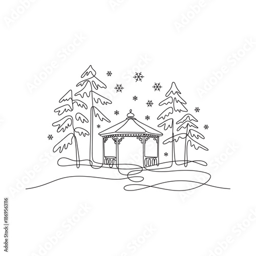 Winter scene with a gazebo surrounded by pine trees and falling snow