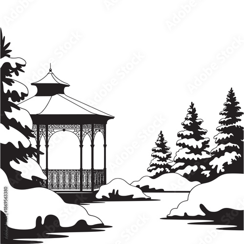 A serene winter landscape featuring a decorative gazebo and snow covered trees