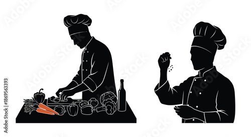 Two chefs preparing food in a kitchen a striking black silhouette
