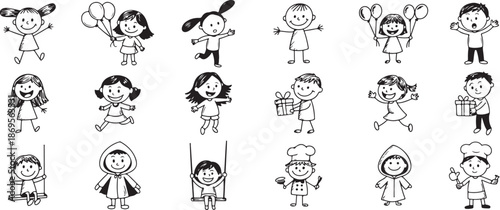 Set of cute handdrawn black and white children characters and activities