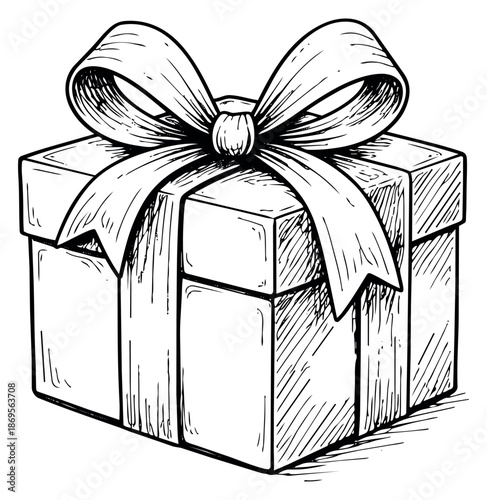 Hand drawn line art illustration of a gift box depicting it tied with a bow for celebrations and presents