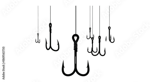Arrangement of fishing hooks suspended against a white background silhouette