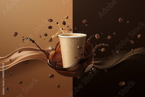 Dynamic coffee splash with floating roasted beans surrounding a takeaway paper cup on a warm dark background, symbolizing aroma, energy, freshness, and premium beverage branding.