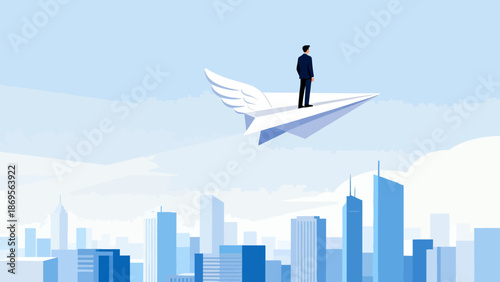 Man on paper airplane over city