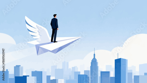 Wallpaper Mural Man with wings on paper plane over city Torontodigital.ca