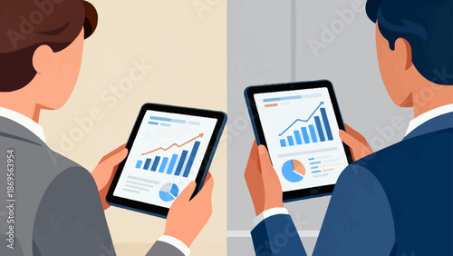 Business people analyzing data on tablets