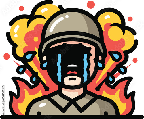 A crying soldier in a helmet with flames