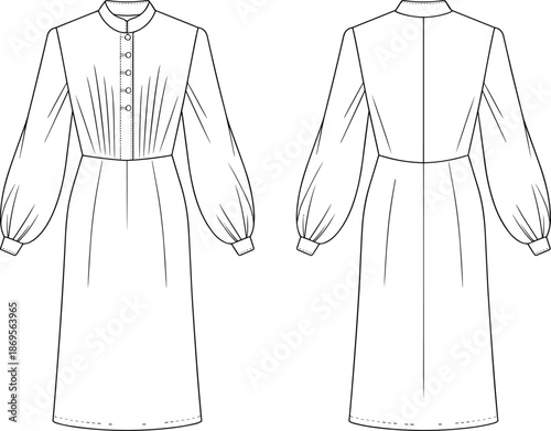 Women's midi dress technical flat sketch, front and back view, mandarin collar, button placket, puff sleeves, fashion vector illustration design
