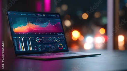 Laptop displaying financial analytic data. Digital dashboard with business graph and chart for stock market analysis. Investment strategy and technology concept.