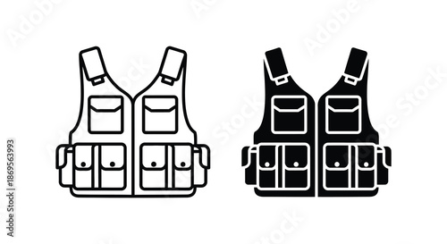 Two black and white tactical vests a simple outline silhouette