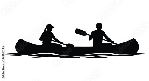 A black silhouette of two people paddling a canoe on water silhouette