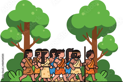 A group of cartoon cavemen walking together