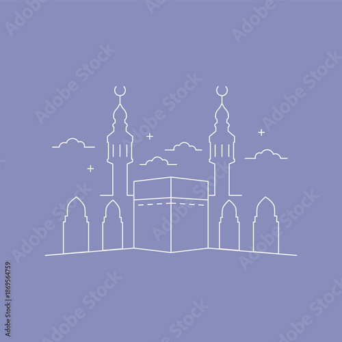 Outline illustration of the Kaaba building. Mecca. Islamic theme. Ramadan theme. Arabic architecture. Vector illustration.