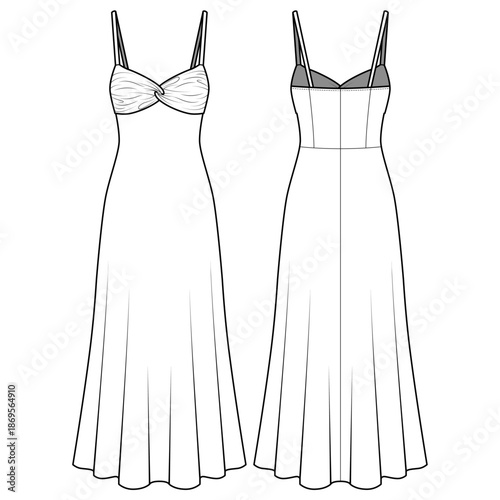 Women's Twist-Front Maxi Slip Dress with Spaghetti Straps-Front and Back View- Flat Vector Illustration- Women's Dress CAD/ Vector Mock-up