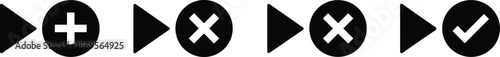 Set of black minimalist media player icons featuring play buttons combined with plus, cross, and check mark symbols.