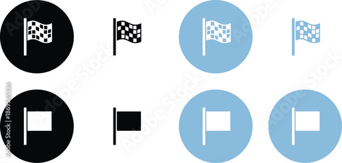 Set of checkered racing and solid finish flag icons in black and blue colors for sports and competition.