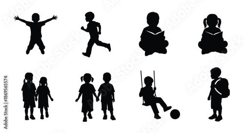 Black silhouettes of children engaged in various playful activities and learning