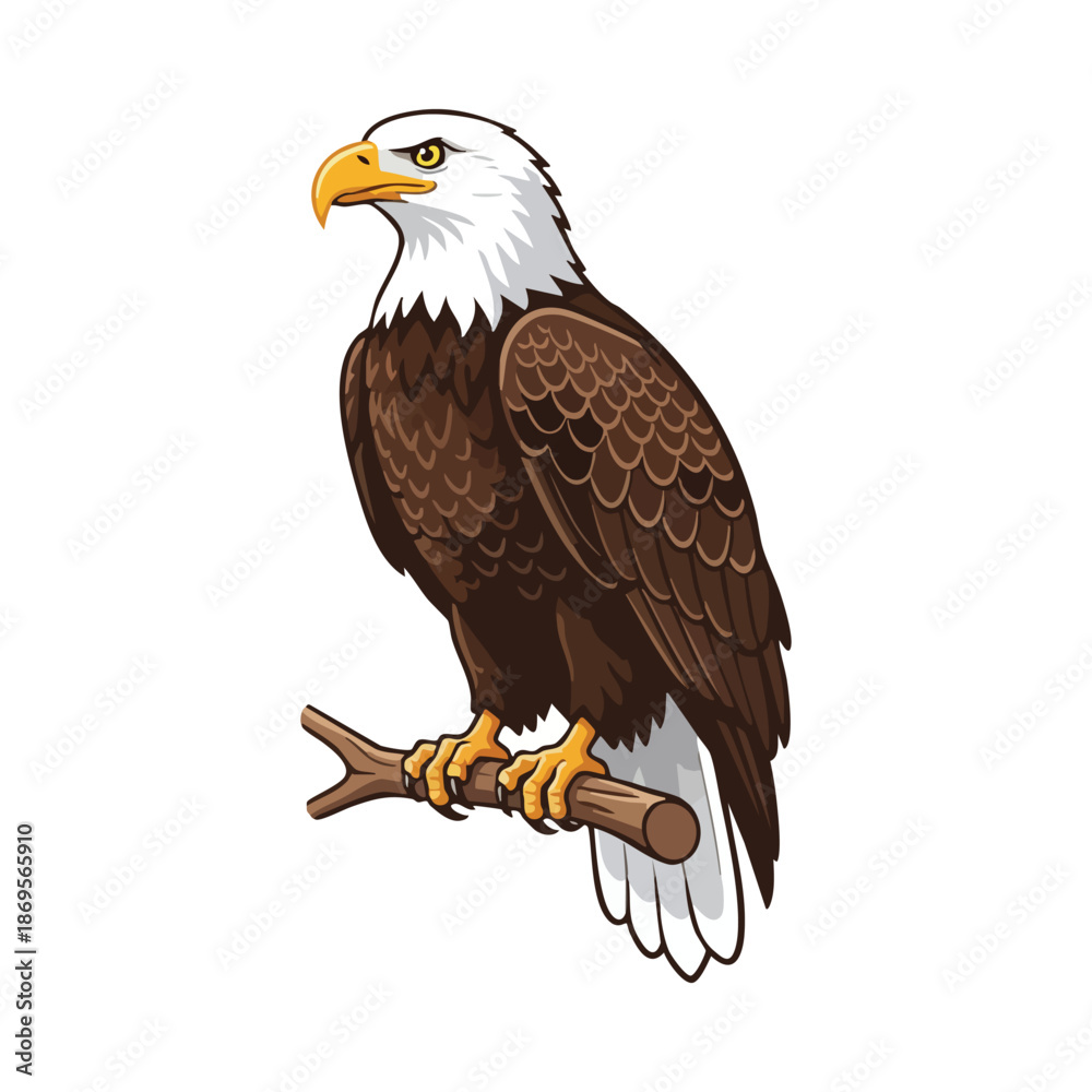 Obraz premium Cartoon bald eagle perched on a branch, american national bird, majestic bird of prey illustration