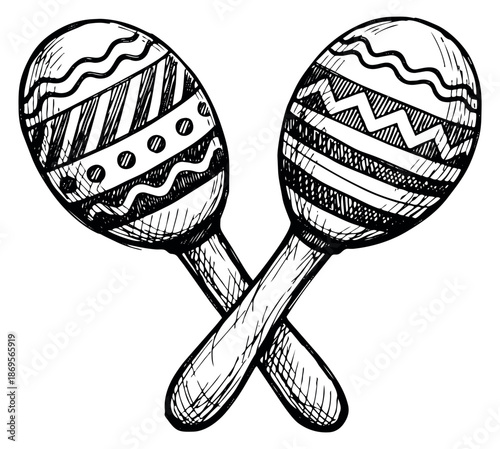Hand drawn line art illustration of crossed maracas depicting intricate festive patterns for musical celebrations