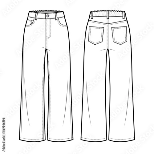 Wide Leg Jeans, High Waisted Jeans, 5 pocket, Elastic Waistband- - Flat Vector Illustration-Front and Back View- Technical Illustration- CAD Mock-up