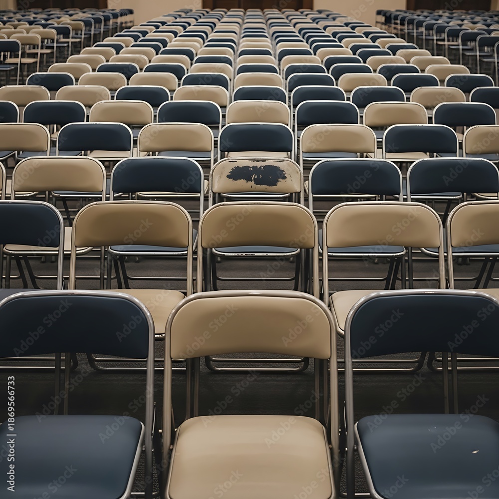 Fototapeta premium Rows of empty folding chairs in an auditorium or event space.