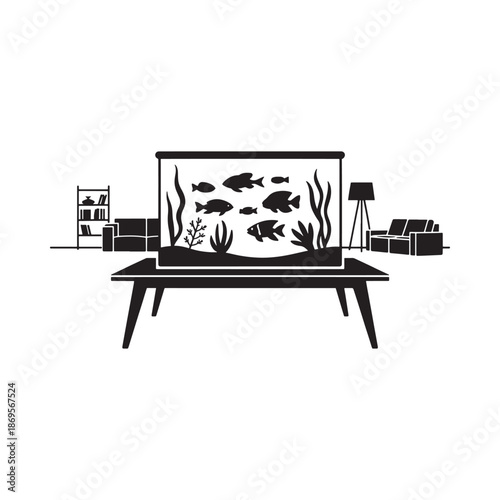 A minimalist illustration of an aquarium in a modern living room setting