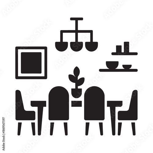 Simple black and white illustration of a dining room interior scene