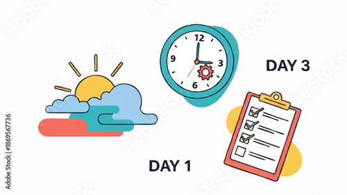 Day 1 Sun and Clouds Day 3 Clock and Checklist.